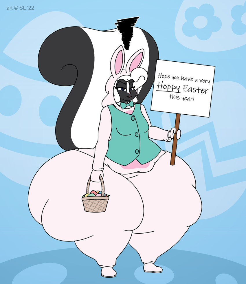 &copy; 2022 anthro basket big_butt blue_eyes bow_tie breasts bunny_costume butt chelsea_(satsumalord) clothing container costume easter easter_basket easter_bunny easter_egg english_text female hair hi_res holidays huge_butt huge_thighs mammal mephitid overweight overweight_anthro overweight_female satsumalord sign skunk solo symbol text thick_thighs white_hair