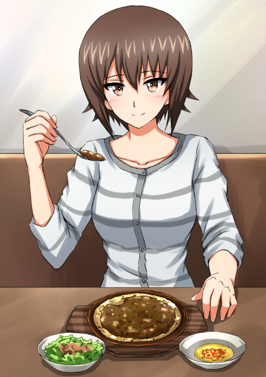 1girl bangs booth_seating bowl brown_eyes brown_hair casual closed_mouth commentary curry food girls_und_panzer grey_shirt highres holding holding_spoon indoors light_blush long_sleeves looking_at_viewer nishizumi_maho omachi_(slabco) plate saizeriya shirt short_hair smile solo spoon striped striped_shirt table