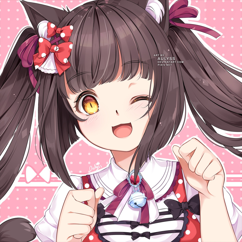 1girl ;3 animal_ears aulyss_(aucrowne) bangs bell blunt_bangs blush bow breasts brown_hair cat_ears cat_girl chocola_(nekopara) collar dot_nose eyebrows_hidden_by_hair eyelashes gem hair_bow hair_ribbon happy highres long_hair looking_at_viewer neck_bell nekopara one_eye_closed open_mouth paw_panties pink_background polka_dot polka_dot_background polka_dot_bow polka_dot_shirt puffy_short_sleeves puffy_sleeves purple_ribbon red_gemstone red_shirt ribbon shirt shirt_bow short_sleeves sidelocks signature slit_pupils solo twintails white_collar yellow_eyes