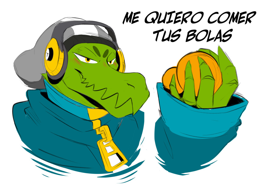 absurd_res balls beanie blush blush_lines clothed clothing crocodile crocodilian crocodylid genitals green_body hat headgear headwear hi_res latch lethal_league male reptile scalie sharp_teeth simple_background solo spanish_text teeth terryskaii_(artist) text white_background zipper