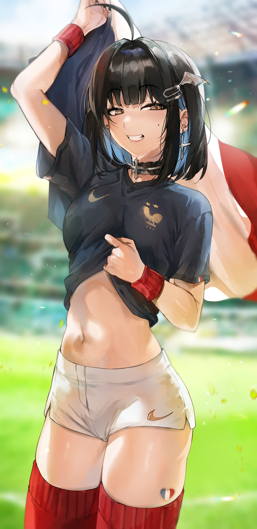 1girl 2022_fifa_world_cup absurdres arm_up bangs black_choker black_hair black_nails black_shirt blue_hair blurry blurry_background blush breasts brown_eyes choker clothes_lift colored_inner_hair cowboy_shot cross cross_earrings earrings flag france french_flag grin highres holding holding_flag irene_(kanniiepan) jewelry kanniiepan lifted_by_self medium_breasts medium_hair midriff mole mole_under_eye multicolored_hair navel original red_thighhighs shirt shirt_lift short_shorts short_sleeves shorts smile solo standing thighhighs white_shorts world_cup wristband