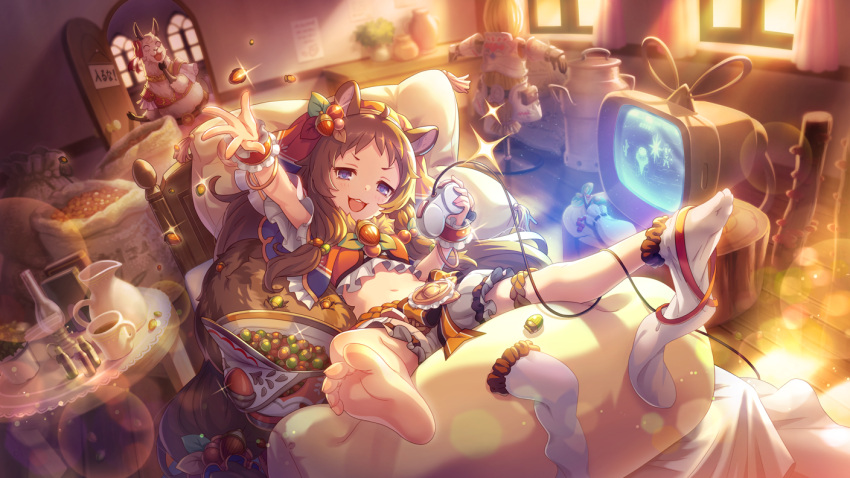 1girl acorn animal_ears bed brown_hair game_console long_hair looking_at_viewer lying official_art princess_connect! purple_eyes rima_(princess_connect!) rin_(princess_connect!) socks squirrel_girl television