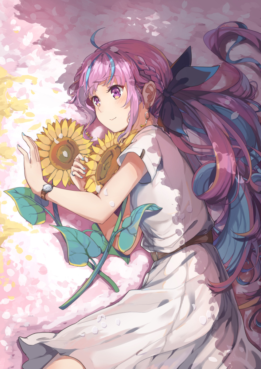 1girl absurdres ahoge bangs belt black_ribbon blue_hair blue_nails braid brown_belt closed_mouth commentary_request dress earrings flower hair_ribbon highres hololive jewelry long_hair looking_away minato_aqua multicolored_hair nail_polish pink_hair pleated_dress purple_eyes ribbon short_sleeves smile solo sunflower twintails two-tone_hair very_long_hair virtual_youtuber watch white_dress wristwatch xuu_shi_times yellow_flower