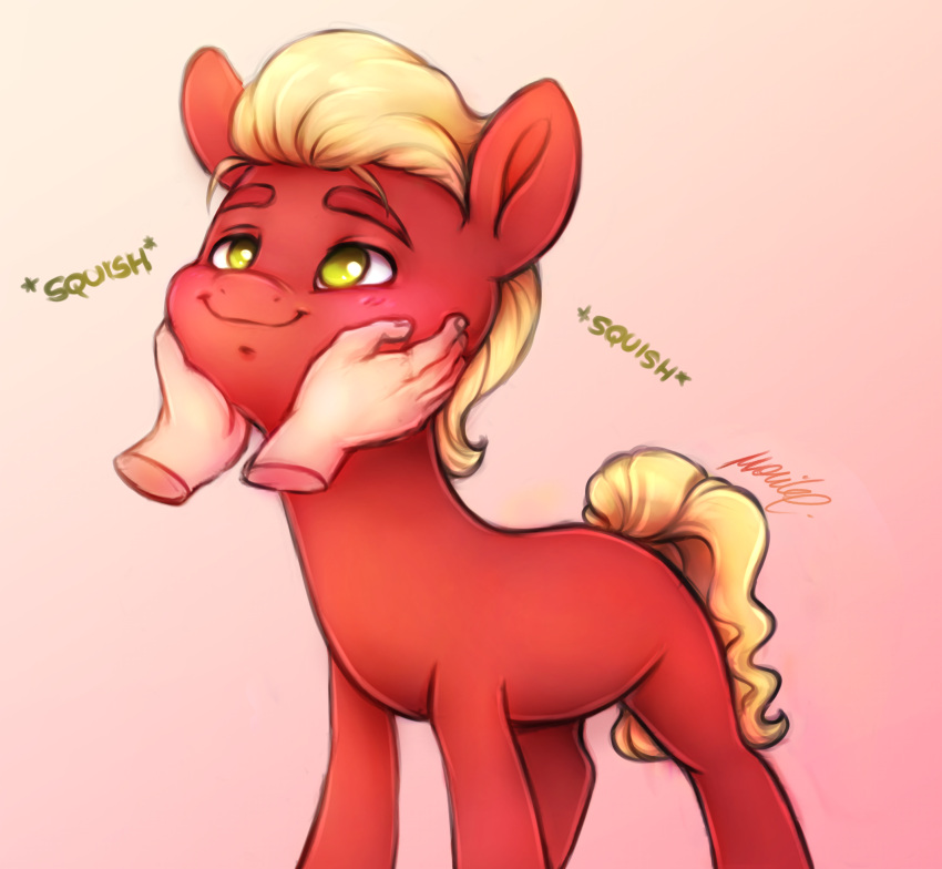 2022 blonde_hair buttersprinkle daww digital_drawing_(artwork) digital_media_(artwork) disembodied_hand earth_pony equid equine eyebrows face_squish female feral feral_focus fur gradient_background green_eyes hair half-closed_eyes hasbro hi_res horse human humanoid_hands looking_pleasured mammal mlp_g5 my_little_pony narrowed_eyes no_pupils offscreen_character offscreen_human pony quadruped red_body red_fur signature simple_background smile solo_focus sprout_cloverleaf_(mlp) squeezing squish squish_(sound_effect) yellow_tail