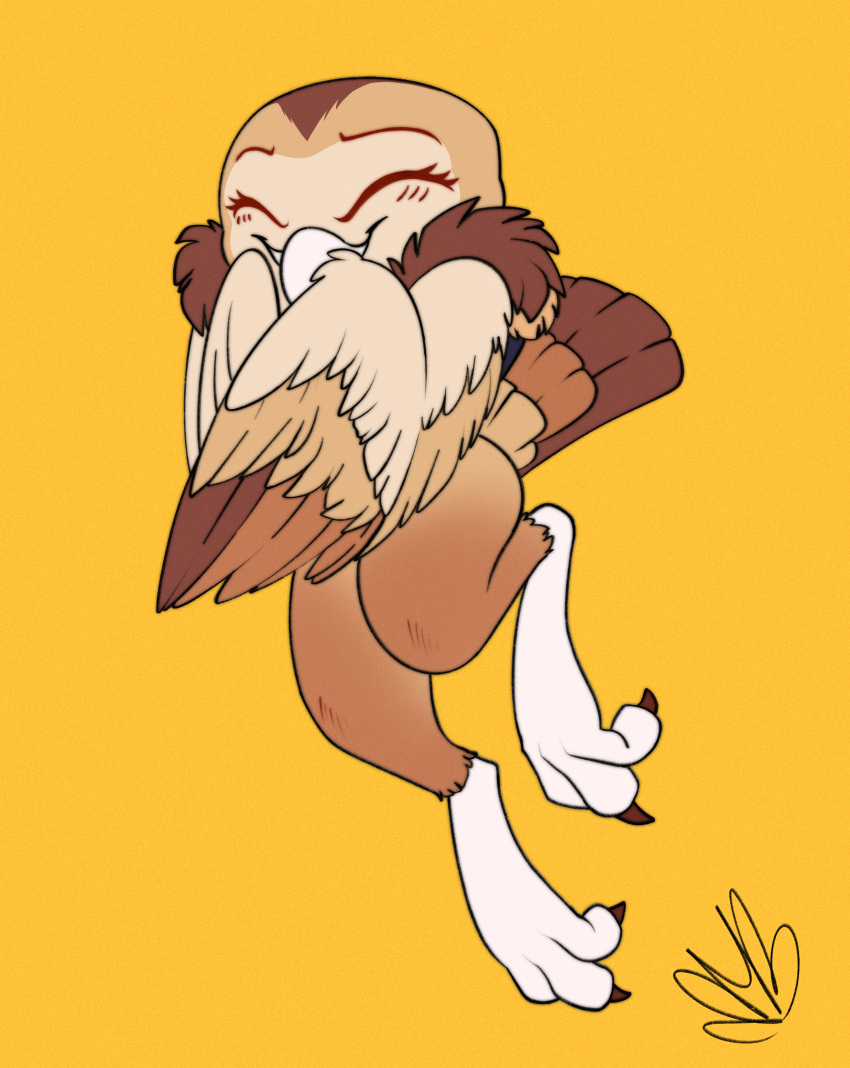 absurd_res anthro avian barn_owl beak bird blush blush_lines bmbrigand digital_media_(artwork) embarrassed feathered_wings feathers female flushed happy hi_res masked_owl miya_(bluepegasi) owl simple_background solo talons tytonid wings