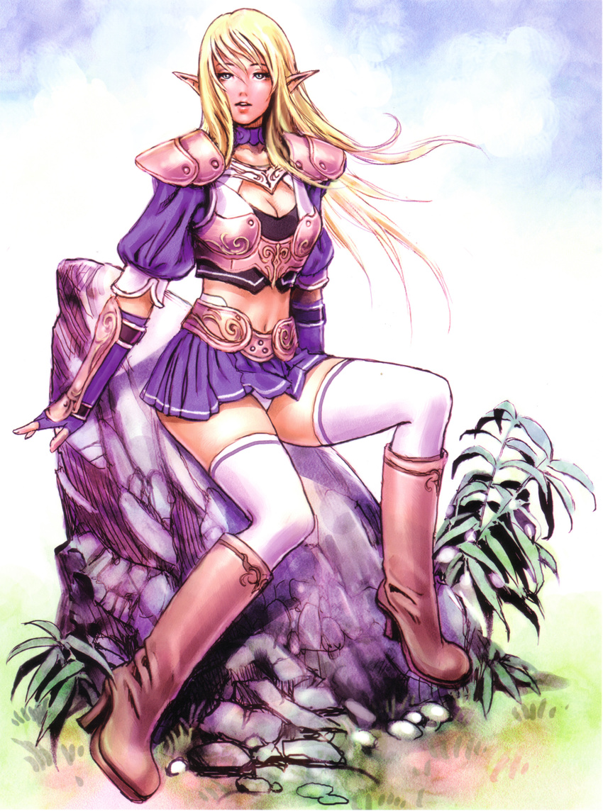 absurdres armor armored_dress blonde_hair blue_eyes boots breasts cleavage elf highres large_breasts long_hair midriff mugen_no_fantasia panties pantyshot pointy_ears sitting skirt thighhighs underwear wild_flower yamashita_shun'ya