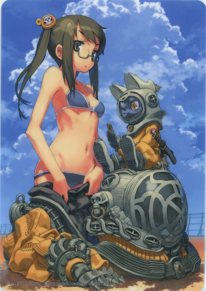 :o bare_arms bikini blue_bikini boots brown_eyes brown_hair cat character_request cloud copyright_request day diving_helmet diving_suit glasses helmet highres kuroboshi_kouhaku looking_at_viewer navel non-web_source one_eye_closed outdoors parted_lips semi-rimless_eyewear sidelocks sitting skull_print sky solo swimsuit twintails yellow_eyes