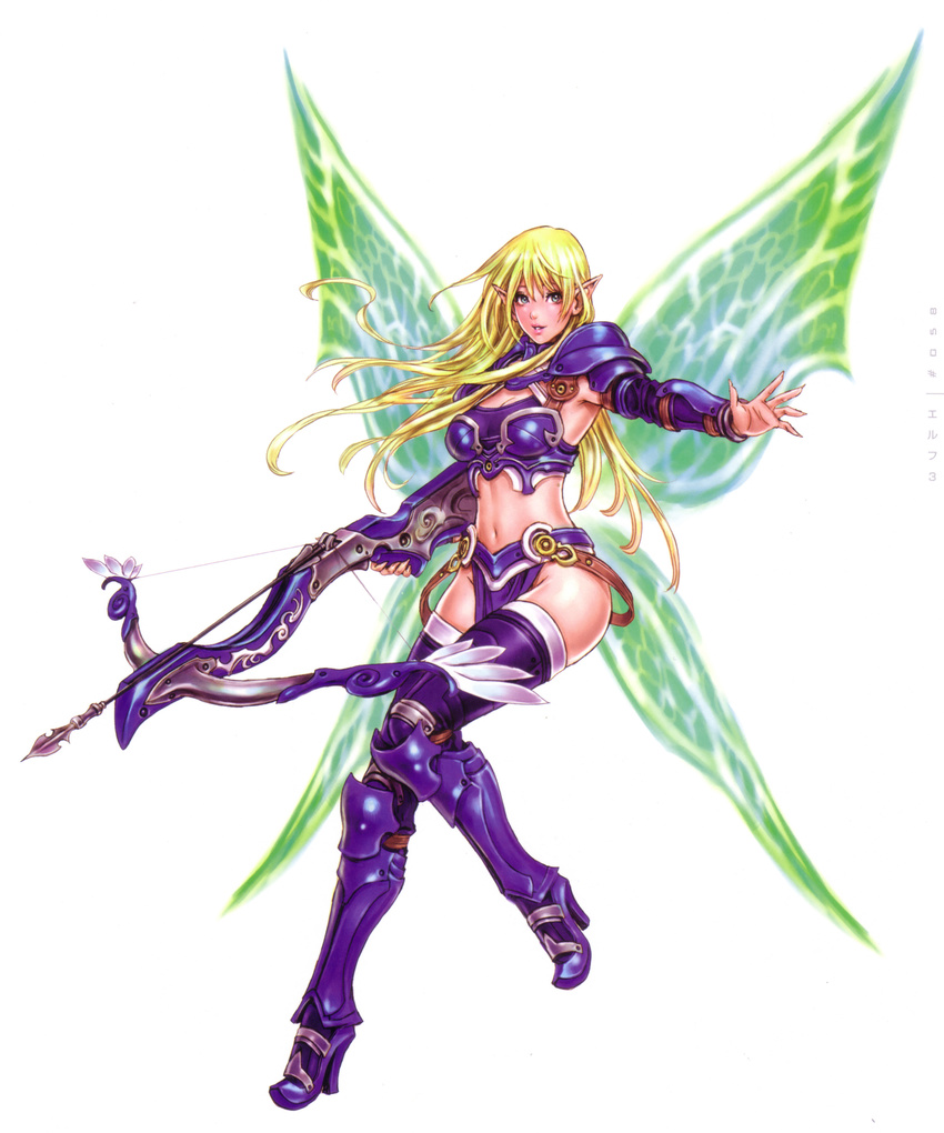 absurdres armor armpits bikini_armor blonde_hair blue_eyes boots bow_(weapon) butterfly_wings crossbow elf fingernails green_wings high_heels highres knee_boots lipstick loincloth long_fingernails long_hair makeup midriff mu_online no_panties non-web_source pointy_ears scan shoes smile solo strap thighhighs weapon wild_flower wings yamashita_shun'ya