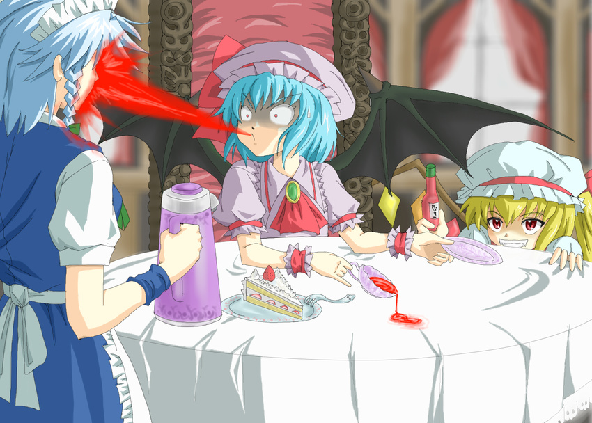 bat_wings blonde_hair blue_hair braid cake clearfile flandre_scarlet food in_the_face izayoi_sakuya maid maid_headdress multiple_girls prank red_eyes remilia_scarlet short_hair silver_hair spicy spit_take spitting tabasco tea touhou twin_braids wings