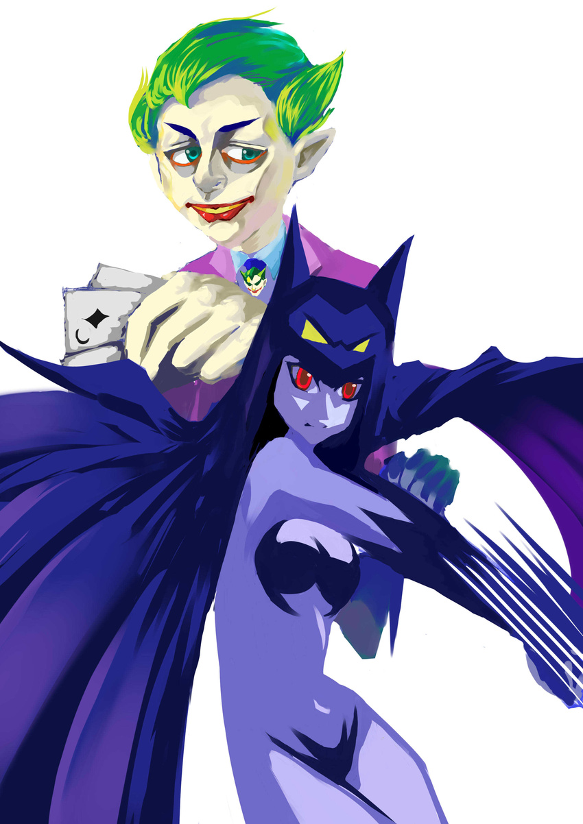 absurdres animal_ears aqua_eyes batman batman_(series) blue_skin card cards cloak dc_comics green_hair highres navel pixiv red_eyes the_joker