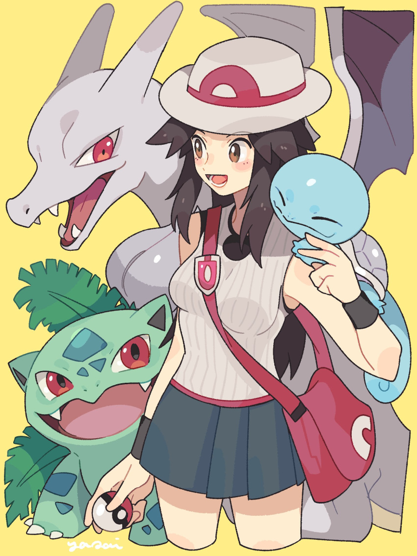 1girl alternate_costume bag black_wristband blue_(pokemon) blue_skirt breasts brown_eyes brown_hair charizard creatures_(company) eyes_closed game_freak gen_1_pokemon hat highres ivysaur long_hair medium_breasts miniskirt nintendo pink_bag pleated_skirt poke_ball pokemon pokemon_(creature) pokemon_(game) pokemon_frlg red_eyes shirt skirt sleeveless sleeveless_shirt smile squirtle super_smash_bros. super_smash_bros._ultimate tank_top white_hat white_shirt white_tank_top wristband yasaikakiage