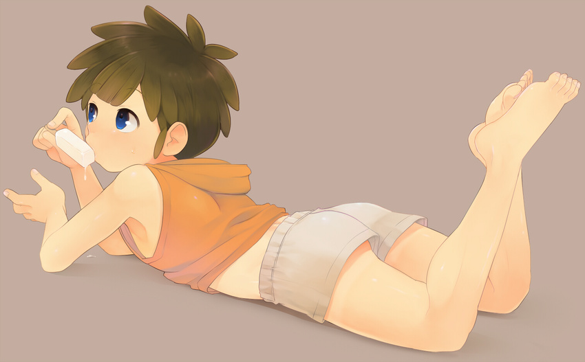 ass bad_id bad_pixiv_id blue_eyes blush brown_hair dripping eating feet food full_body ice_cream inazuma_eleven inazuma_eleven_(series) lying male_focus on_stomach shiogochi shorts sweat tachimukai_yuuki