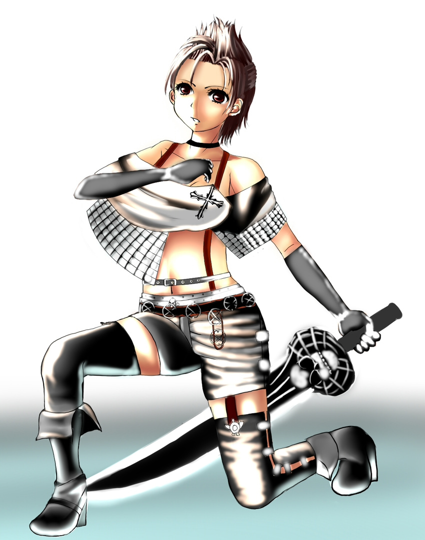 brown_eyes elbow_gloves female final_fantasy final_fantasy_x final_fantasy_x-2 full_body gloves gradient gradient_background grey_hair highres midriff paine razuberi shirt shirts short_hair solo sword thighhighs weapon white_background