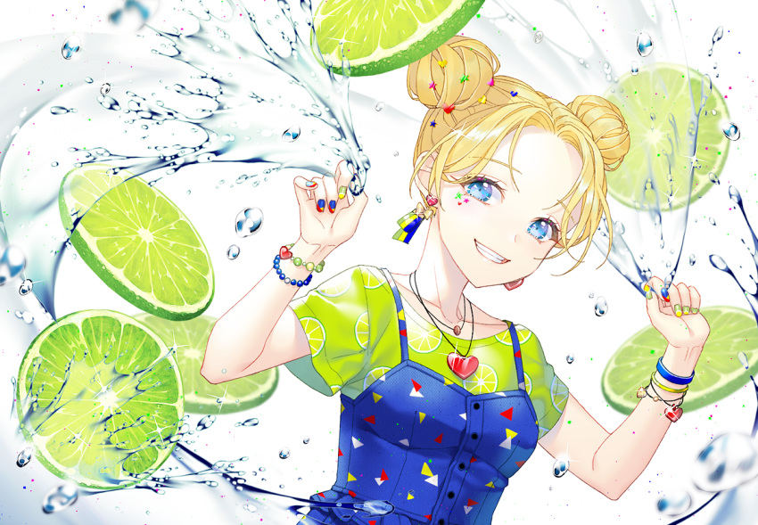 blonde_hair blue_eyes bow_earrings bracelet double_bun earrings food fruit green_shirt grin heart heart_bracelet heart_earrings heart_necklace jewelry lime_(fruit) lime_print looking_at_viewer nail_art original ribbonari shirt short_sleeves smile solo splashing t-shirt