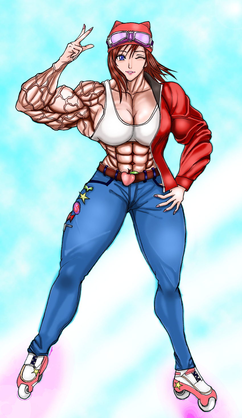 abs air_gear biceps bra breasts extreme_muscles female flex flexing full_body gradient gradient_background highres lingerie muscle muscles muscular muscular_female noyamano_ringo pose solo underwear veins