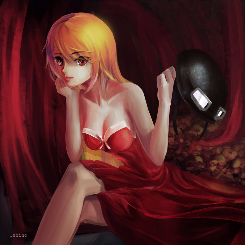 bakemonogatari bare_shoulders blonde_hair crossed_legs dress goggles helmet highres kiss-shot_acerola-orion_heart-under-blade kizumonogatari monogatari_(series) older red_eyes sitting solo ushas