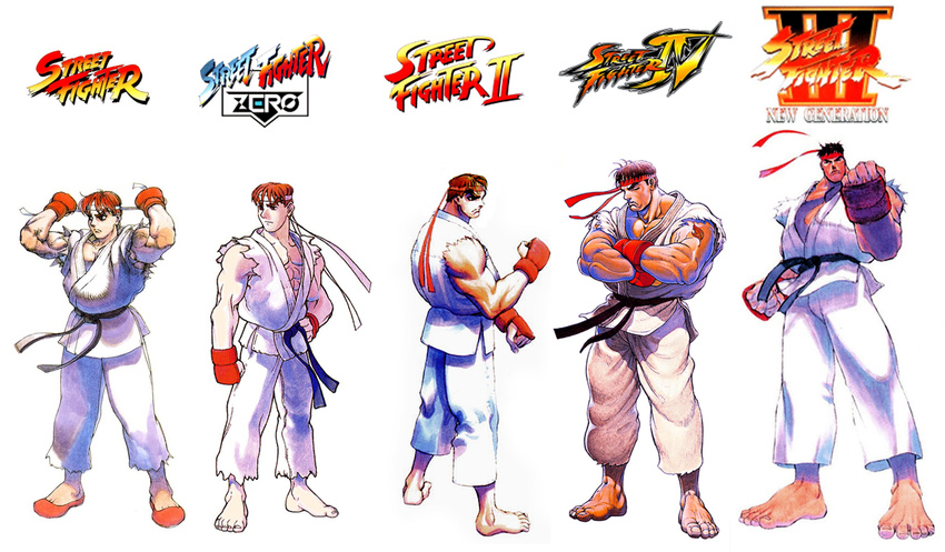 90s angry barefoot bengus black_hair brown_hair capcom comparison dougi evolution fare_feet game headband illustration karate karate_gi male male_focus manly martial_arts mean muscle official_art oldschool red_hair ryu ryuu_(street_fighter) short_hair street_fighter street_fighter_1 street_fighter_ii street_fighter_iii street_fighter_iv street_fighter_zero tall tan