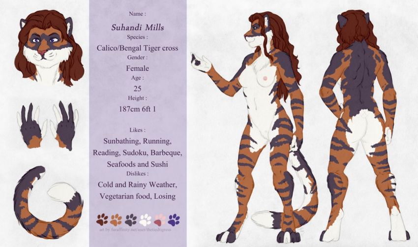 anthro athletic blue_eyes breasts digitigrade domestic_cat felid feline felis female fur hair hybrid long_hair mammal model_sheet multicolored_body multicolored_fur nipples panthera_tigris pantherine patched_fur pink_nipples red_hair skinny small_breasts solo striped_body striped_fur stripes thetiedtigress tiger