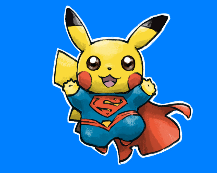 :3 animal_focus arms_up blacknirrow blue_background blue_bodysuit blue_theme blush_stickers bodysuit brown_eyes cape clothed_pokemon commentary cosplay dc_comics english_commentary floating full_body happy justice_league long_sleeves looking_at_viewer no_humans open_mouth outline pikachu pokemon pokemon_(creature) red_cape red_footwear shoes simple_background smile solo straight-on superman superman_(cosplay) superman_(series) white_outline