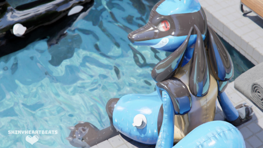 16:9 2021 animate_inanimate anthro clothing generation_4_pokemon heartbeats inflatable living_inflatable living_pool_toy lucario male multicolored_body nintendo pokemon pokemon_(species) pool_toy poolside rubber rubber_clothing rubber_suit smile smiling_at_viewer solo video_games water widescreen