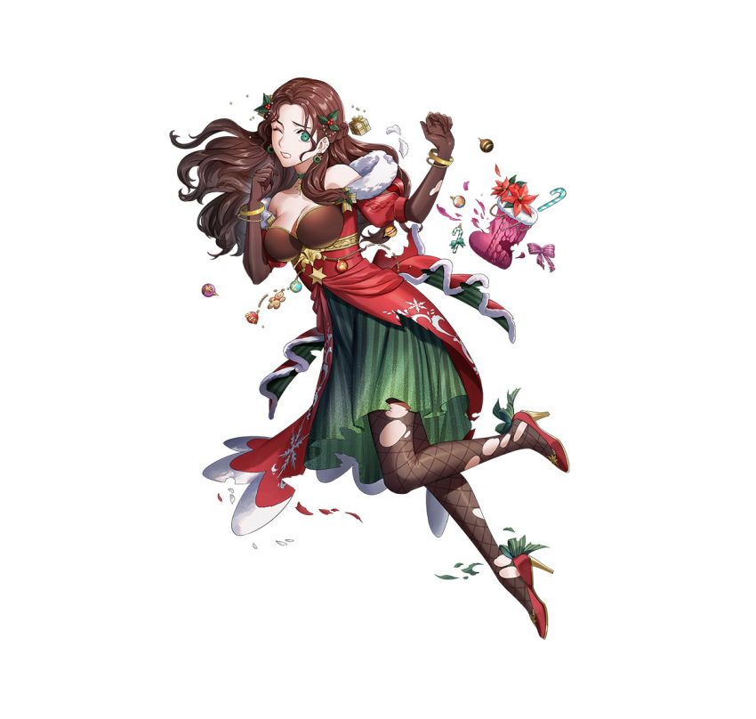 1girl bangle bare_shoulders bracelet breasts brown_gloves brown_hair candy candy_cane cape choker christmas_stocking cleavage clenched_teeth damaged detached_sleeves dorothea_arnault dress elbow_gloves fire_emblem fire_emblem:_three_houses fire_emblem_heroes fire_emblem_warriors:_three_hopes fishnet_pantyhose fishnets food gloves green_dress high_heels jewelry large_breasts long_hair pantyhose solo star_(symbol) star_choker teeth torn_cape torn_clothes torn_pantyhose waist_cape