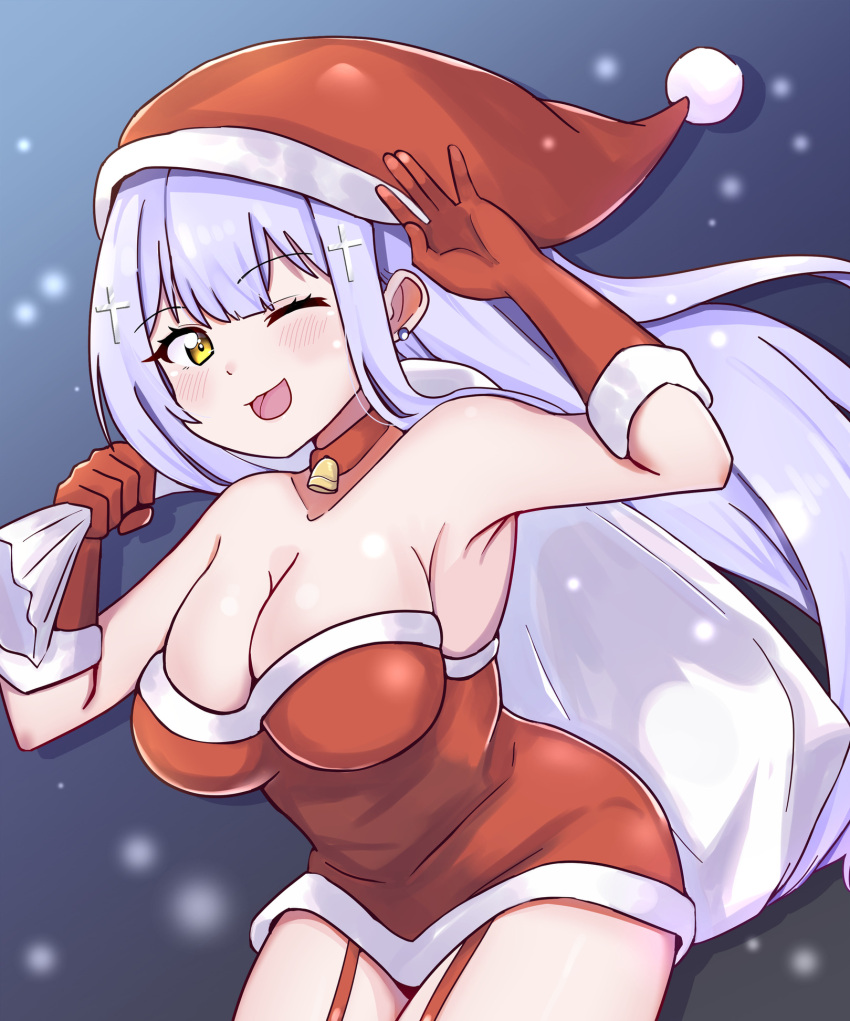 1girl ao_(flowerclasse) bangs bare_shoulders bell breasts choker christmas cleavage commentary cowboy_shot dress earrings gabriel_dropout garter_straps gloves hair_ornament hat highres holding holding_sack jewelry large_breasts leaning_forward long_hair looking_at_viewer microdress neck_bell one_eye_closed open_mouth over_shoulder purple_hair raphiel_shiraha_ainsworth red_choker red_dress red_gloves red_headwear sack santa_dress santa_gloves santa_hat simple_background smile snowing solo standing strapless strapless_dress stud_earrings waving white_background wind x_hair_ornament yellow_eyes