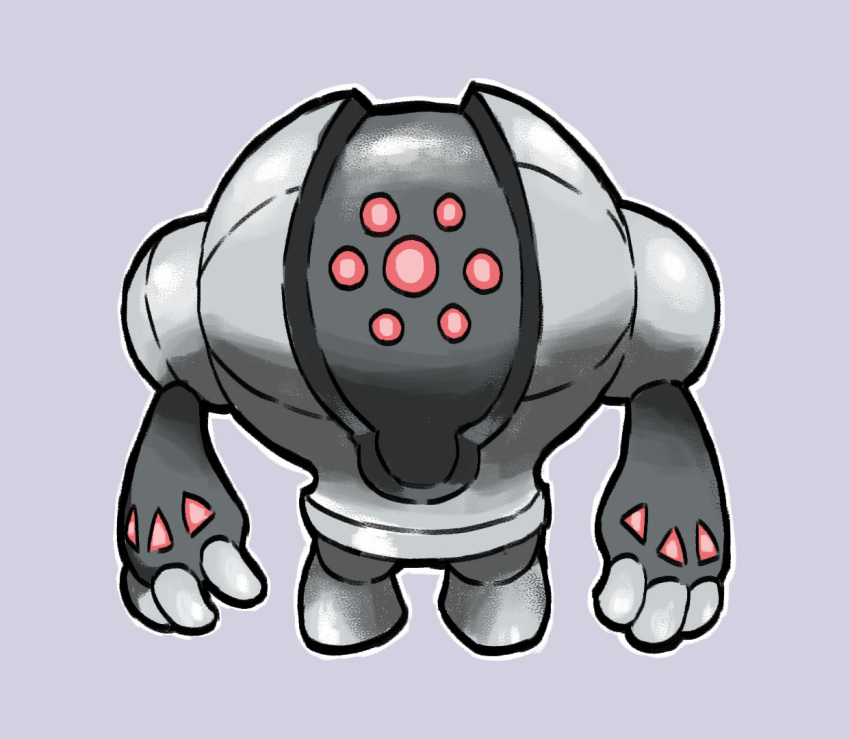 arms_at_sides blacknirrow chibi commentary english_commentary full_body grey_background grey_theme looking_at_viewer metal outline pokemon pokemon_(creature) red_eyes registeel simple_background solo standing straight-on white_outline