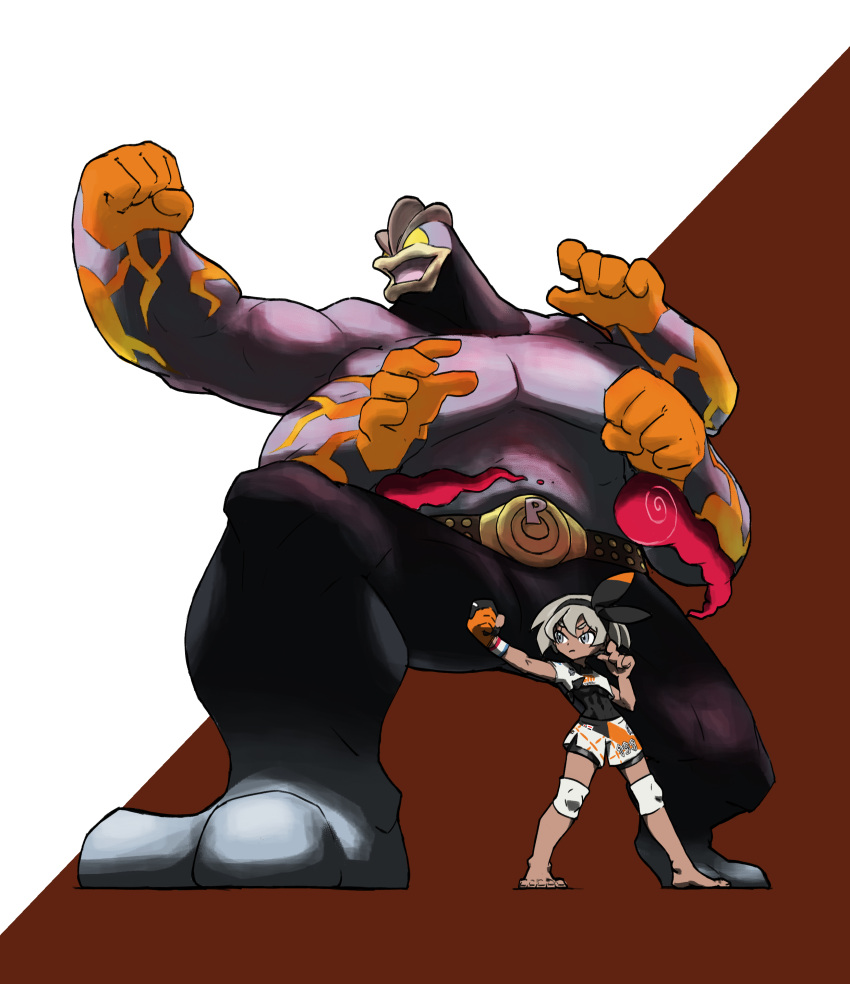 1boy 1girl absurdres arm_up bangs barefoot bea_(pokemon) belt black_bodysuit black_eyes black_hairband black_pants blacknirrow bodysuit bodysuit_under_clothes breasts brown_background clenched_hands closed_mouth colored_skin commentary covered_navel crop_top dark-skinned_female dark_skin english_commentary extra_arms feet foreshortening full_body giant giant_male gigantamax gigantamax_machamp gloves grey_eyes grey_hair grey_skin hairband hand_up highres knee_pads legs_apart looking_to_the_side machamp multicolored_skin muscular muscular_male open_mouth orange_gloves orange_skin pants partially_fingerless_gloves pectorals pokemon pokemon_(creature) pokemon_(game) pokemon_swsh shirt short_hair short_shorts short_sleeves shorts side_slit sidelocks simple_background single_glove skin_tight sleeveless sleeveless_shirt small_breasts smoke spread_legs standing topless_male torn_clothes torn_shirt two-tone_background two-tone_skin v-shaped_eyebrows white_background white_shirt white_shorts yellow_eyes