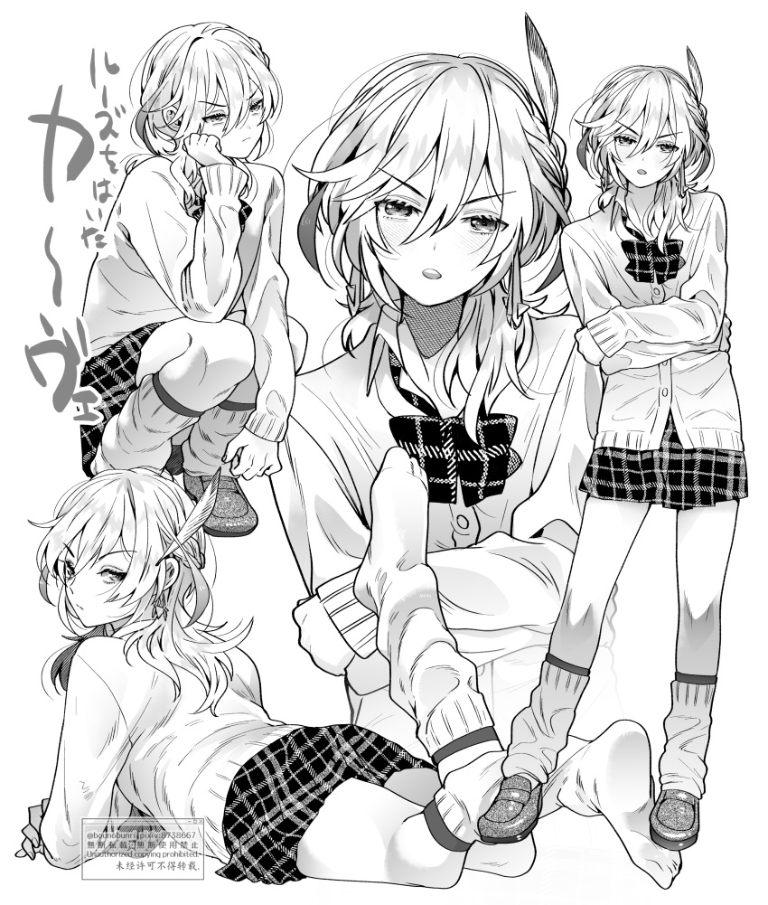 1girl absurdres alternate_costume bangs bow bowtie cardigan crossed_arms genderswap genderswap_(mtf) genshin_impact greyscale hair_between_eyes hair_ornament hayashidahana head_on_hand head_rest highres kaveh_(genshin_impact) leaning_to_the_side leg_warmers loafers long_hair looking_at_viewer looking_back lying monochrome multiple_views on_stomach open_mouth plaid plaid_bow plaid_skirt pleated_skirt school_uniform shoes skirt squatting standing