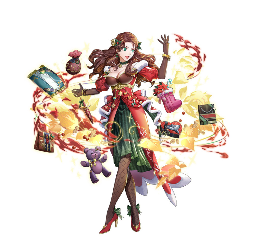 1girl bangle bare_shoulders bracelet breasts brown_gloves brown_hair candy candy_cane choker christmas_stocking cleavage detached_sleeves dorothea_arnault dress elbow_gloves fire_emblem fire_emblem:_three_houses fire_emblem_heroes fire_emblem_warriors:_three_hopes fishnet_pantyhose fishnets food gloves green_dress high_heels jewelry large_breasts long_hair pantyhose solo star_(symbol) star_choker stuffed_animal stuffed_toy teddy_bear waist_cape