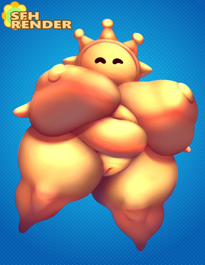 absurd_res big_breasts breasts eyes_closed female genitals hi_res huge_breasts huge_hips huge_thighs humanoid mario_bros nintendo nipples nsfwoaf nude overweight overweight_female overweight_humanoid pussy sadflowerhappy shine_sprite solo thick_thighs video_games wide_hips yellow_body yellow_nipples