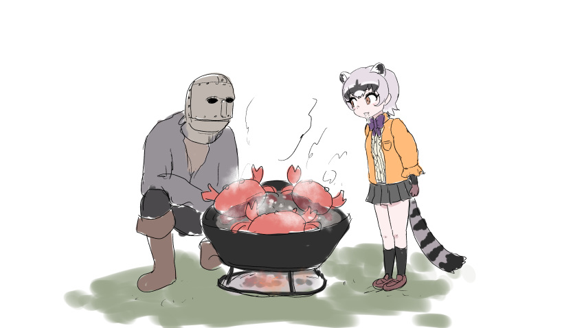 1boy 1girl absurdres animal_ears bangs black_hair blackguard_big_boggart boiling boots bow bowtie cooking crab crab-eating_raccoon_(kemono_friends) crossover cut_(kfcut) drooling elden_ring fire full_body grey_hair helm helmet highres hungry kemono_friends looking_at_another multicolored_hair pants raccoon_ears raccoon_girl raccoon_tail shirt shoes short_hair sketch skirt smile socks squatting standing tail water white_hair