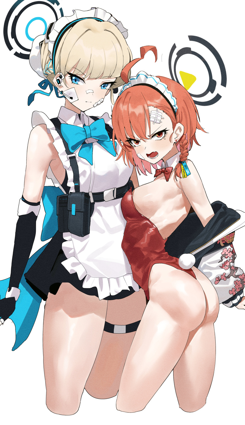2girls absurdres ahoge animal_ears apron ass asymmetrical_bangs bandages bangs bare_shoulders blonde_hair blue_archive blue_bow blue_bowtie blue_eyes bow bowtie braid breasts chest_harness cowboy_shot crossed_bandaids detached_collar earpiece fake_animal_ears fake_tail feipin_zhanshi frilled_apron frills hair_bun halo harness highres jacket large_bow leotard maid maid_headdress mole mole_under_eye multiple_girls neru_(blue_archive) neru_(bunny)_(blue_archive) off_shoulder official_alternate_costume open_clothes open_jacket orange_hair playboy_bunny print_jacket rabbit_tail red_eyes red_leotard single_braid small_breasts standing sukajan tail thigh_strap toki_(blue_archive) traditional_bowtie waist_bow white_background