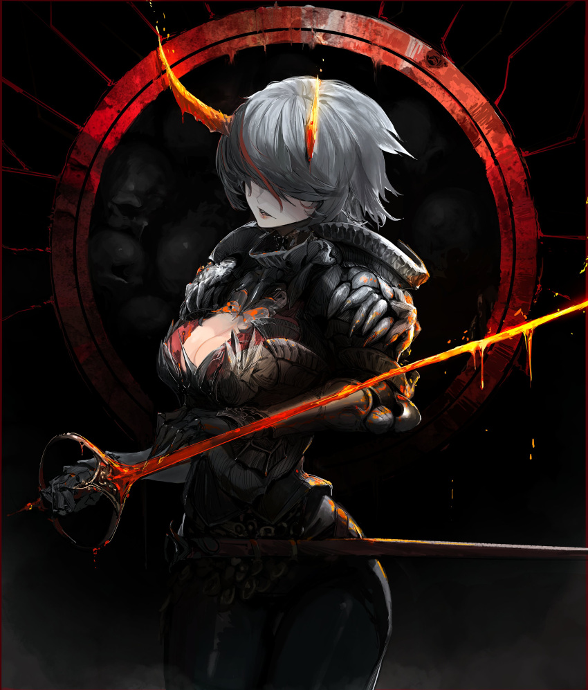 absurdres armor bamuth bodysuit bone_armor breastplate breasts cleavage covered_eyes dark_background demon_girl demon_horns grey_hair hair_over_eyes hand_on_blade highres holding holding_sword holding_weapon horns lipstick makeup medium_breasts molten molten_metal multicolored_hair original parted_lips rapier red_lips red_sun scabbard sheath short_hair shoulder_armor streaked_hair sun_symbol sword upper_body weapon
