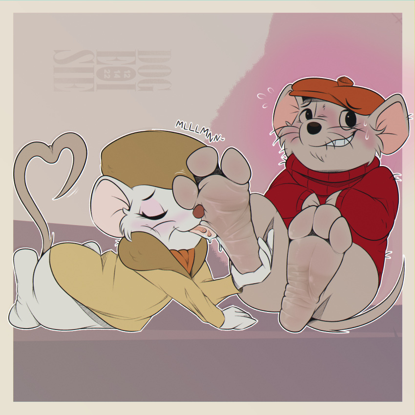 3_toes absurd_res anthro bernard_(the_rescuers) blush blush_lines bodily_fluids disney dogeoisie don_bluth duo feet female foot_fetish foot_focus foot_lick foot_play hi_res licking male male/female mammal miss_bianca_(the_rescuers) mouse murid murine paws rodent saliva saliva_on_tongue soles sweat the_rescuers_(disney) toes tongue tongue_out wrinkled_feet