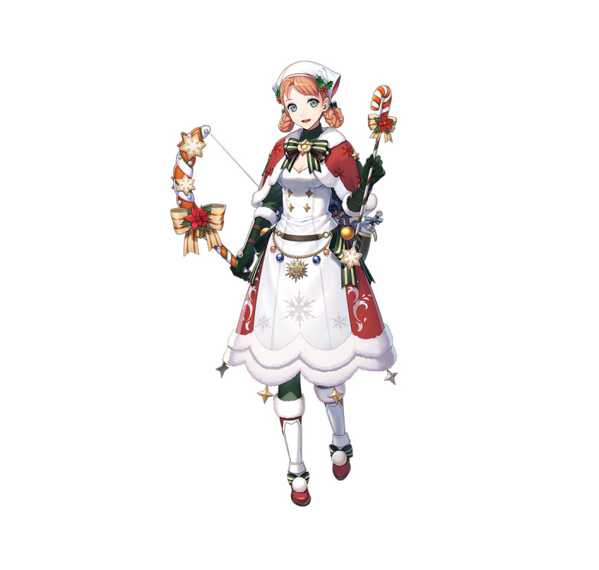 1girl annette_fantine_dominic aqua_eyes arrow_(projectile) bandana blue_eyes boots bow_(weapon) breasts candy candy_cane cape cleavage dress fire_emblem fire_emblem:_three_houses fire_emblem_heroes fire_emblem_warriors:_three_hopes food gloves hair_rings holding holding_arrow holding_candy holding_candy_cane holding_food looking_at_viewer official_alternate_costume official_alternate_hairstyle official_art open_mouth orange_hair red_cape small_breasts smile solo weapon white_dress