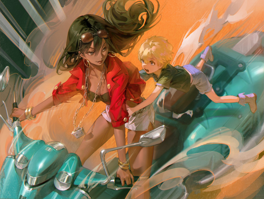 2girls absurdres black_hair black_tank_top blonde_hair blue_eyes blue_shorts bracelet breasts brown_eyes chain cleavage dust earrings eyewear_on_head green_shirt ground_vehicle hatchin_morenos highres holding_waist hoop_earrings jacket jewelry lipstick long_hair looking_at_another looking_to_the_side makeup michiko_malandro michiko_to_hacchin motor_vehicle motorcycle multiple_girls open_clothes open_jacket red_jacket riding sawamaharu shirt short_hair shorts skirt sunglasses tank_top white_skirt