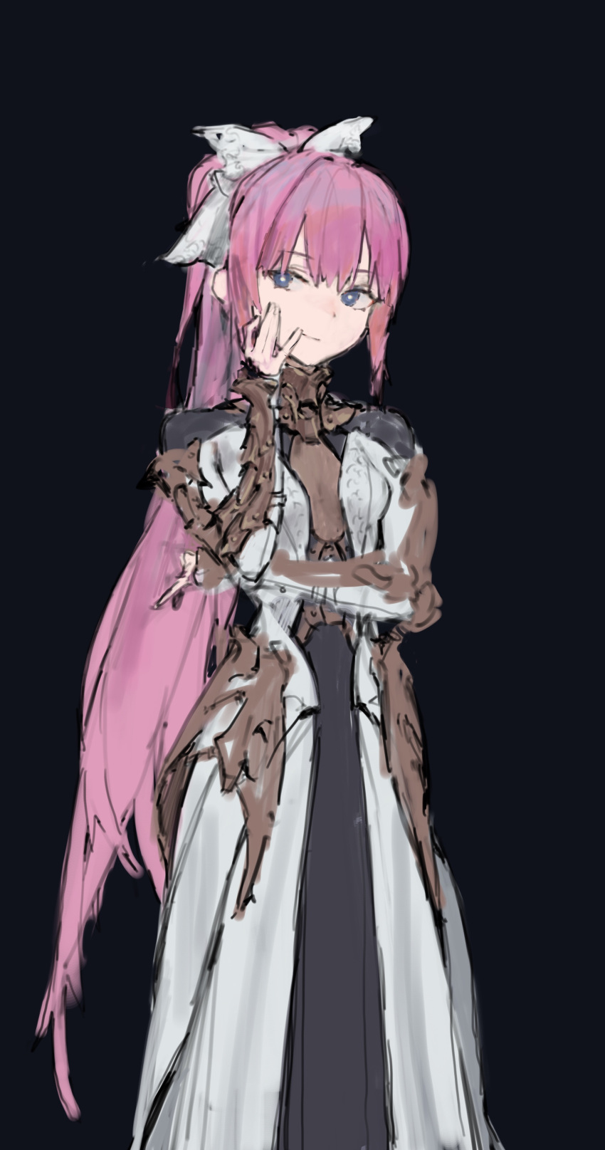 1girl absurdres armor armored_dress black_background blue_eyes bow closed_mouth dress hair_bow highres jaeyeong long_sleeves looking_at_viewer original pink_hair ponytail simple_background sketch smile smirk solo standing white_bow white_dress