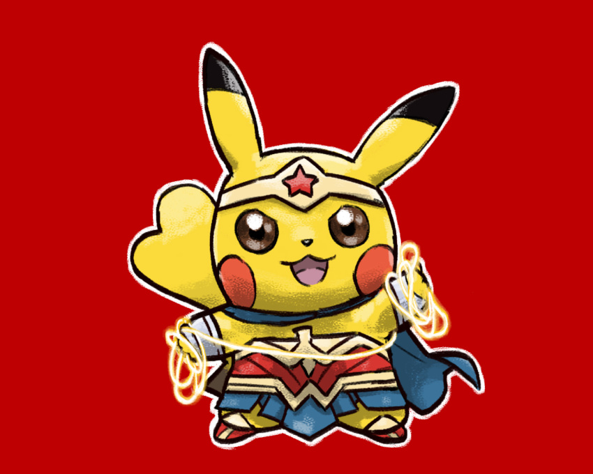 :3 animal_focus arms_up blacknirrow blue_cape blue_skirt blush_stickers brown_eyes cape clothed_pokemon commentary cosplay dc_comics english_commentary full_body glowing happy headband holding holding_rope justice_league looking_at_viewer miniskirt no_humans open_mouth outline pikachu pleated_skirt pokemon pokemon_(creature) red_background red_footwear red_shirt rope shirt shoes simple_background skirt smile solo standing star_(symbol) straight-on strapless strapless_shirt white_outline wonder_woman wonder_woman_(cosplay) wonder_woman_(series) wristband yellow_headband