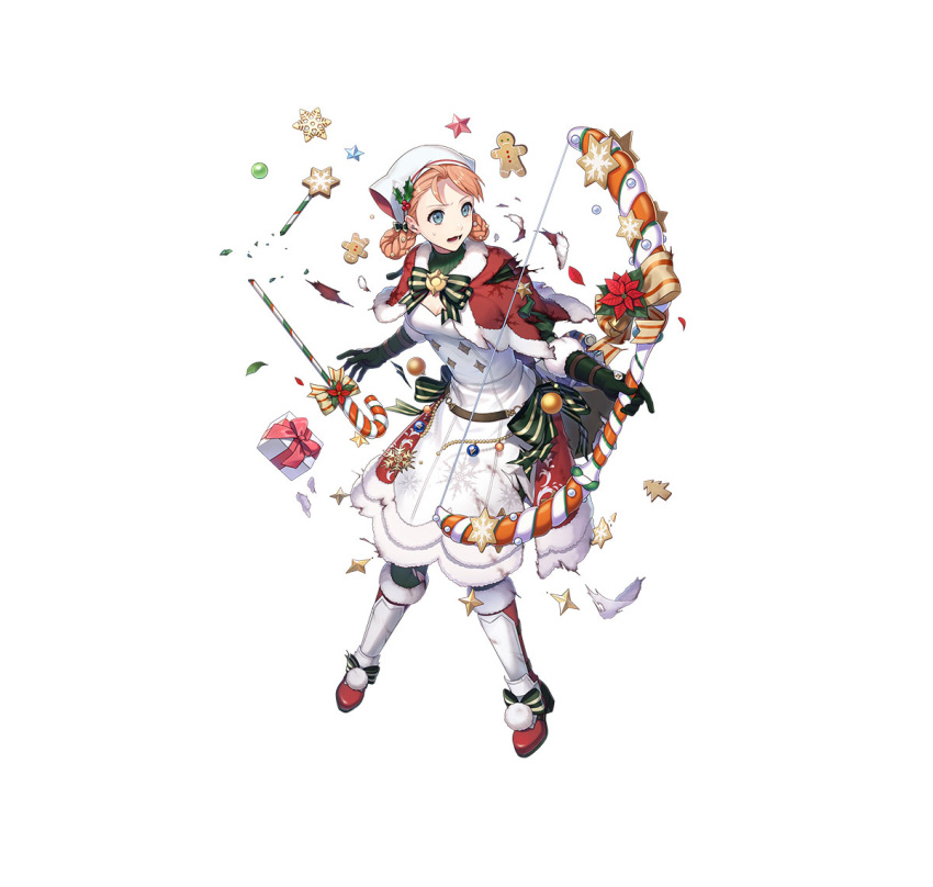 1girl aiming annette_fantine_dominic aqua_eyes arrow_(projectile) bandana blue_eyes boots bow_(weapon) breasts candy candy_cane cape cleavage clothes dress fire_emblem fire_emblem:_three_houses fire_emblem_heroes fire_emblem_warriors:_three_hopes food gift gingerbread_man gloves hair_rings holding holding_arrow holding_candy holding_candy_cane holding_food official_alternate_costume official_alternate_hairstyle official_art orange_hair red_cape small_breasts solo teeth torn upper_teeth weapon white_dress
