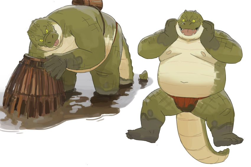 2022 absurd_res anthro belly big_belly biped crocodile crocodilian crocodylid eyes_closed green_body hi_res huynhduyad14 kemono male moobs navel nipples overweight overweight_male reptile scalie solo