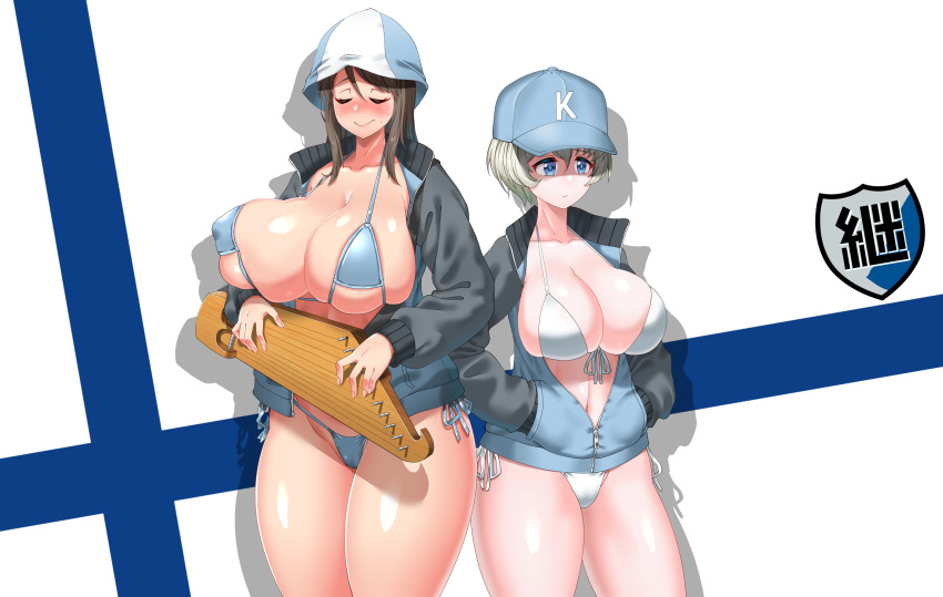 2girls absurdres baseball_cap bikini blue_headwear blue_jacket blush breasts closed_eyes closed_mouth commentary curvy emblem facing_viewer finnish_flag flag_background front-tie_bikini_top front-tie_top girls_und_panzer halterneck hands_in_pockets hat highres holding holding_instrument huge_breasts instrument jacket kantele keizoku_(emblem) kirochef large_breasts long_sleeves looking_away mika_(girls_und_panzer) multiple_girls music navel no_pants partially_unzipped playing_instrument shadow side-tie_bikini_bottom skindentation smile standing string_bikini sweatdrop swimsuit track_jacket tulip_hat white_bikini youko_(girls_und_panzer)