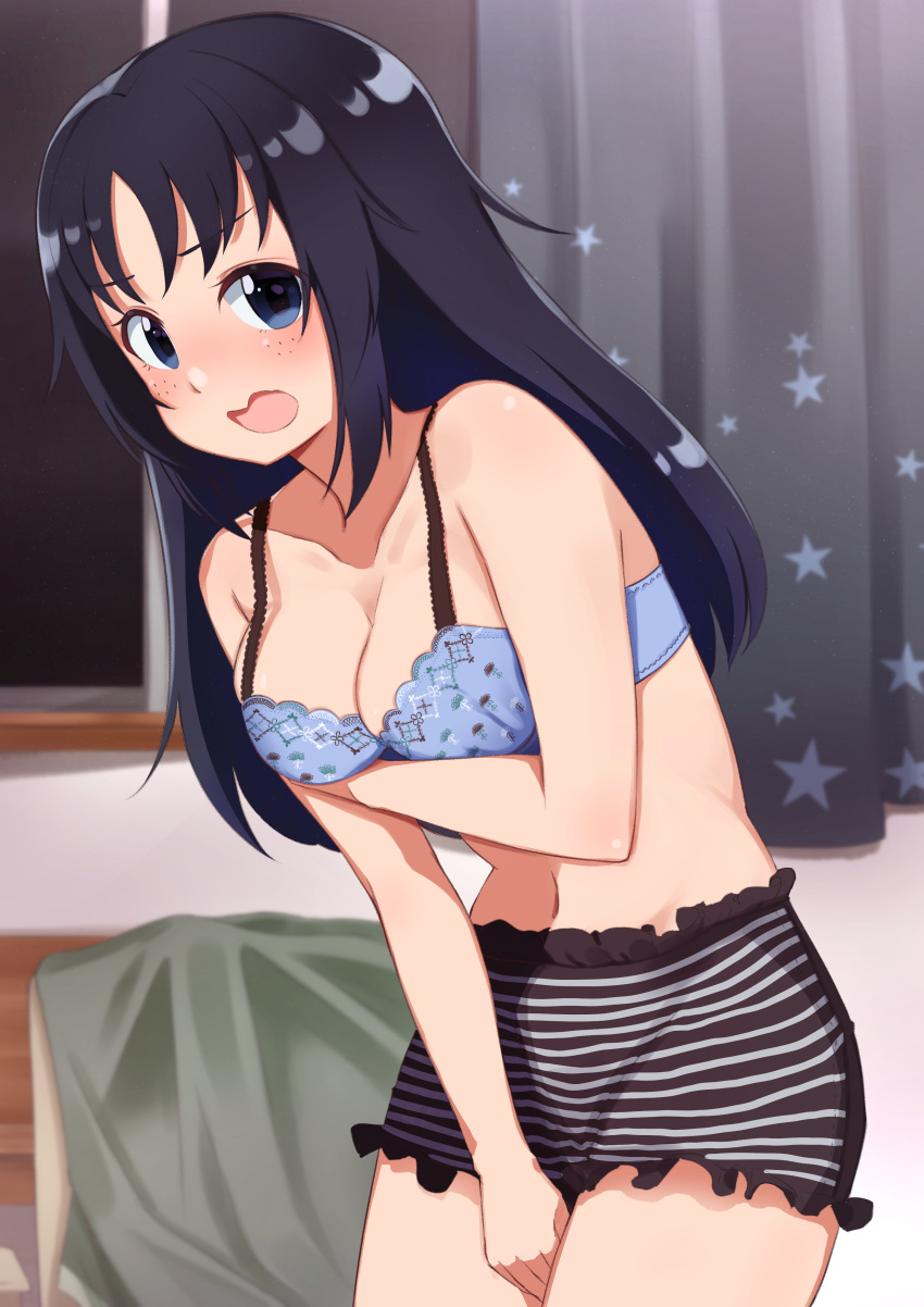 1girl absurdres bangs black_panties blue_bra blue_eyes blue_hair blurry blurry_background blush boyshort_panties bra breast_hold breasts cleavage commentary_request covering cowboy_shot curtains embarrassed freckles frilled_panties frills frown girls_und_panzer highres indoors leaning_forward long_hair looking_at_viewer medium_breasts navel open_mouth panties partial_commentary print_bra solo standing star_(symbol) star_print striped striped_panties toon_(noin) underwear underwear_only window yamagou_ayumi