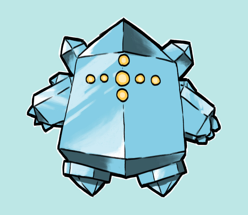 blacknirrow blue_background blue_gemstone blue_theme chibi commentary english_commentary full_body gem ice looking_at_viewer no_humans outline pokemon pokemon_(creature) regice simple_background solo standing straight-on white_outline yellow_eyes