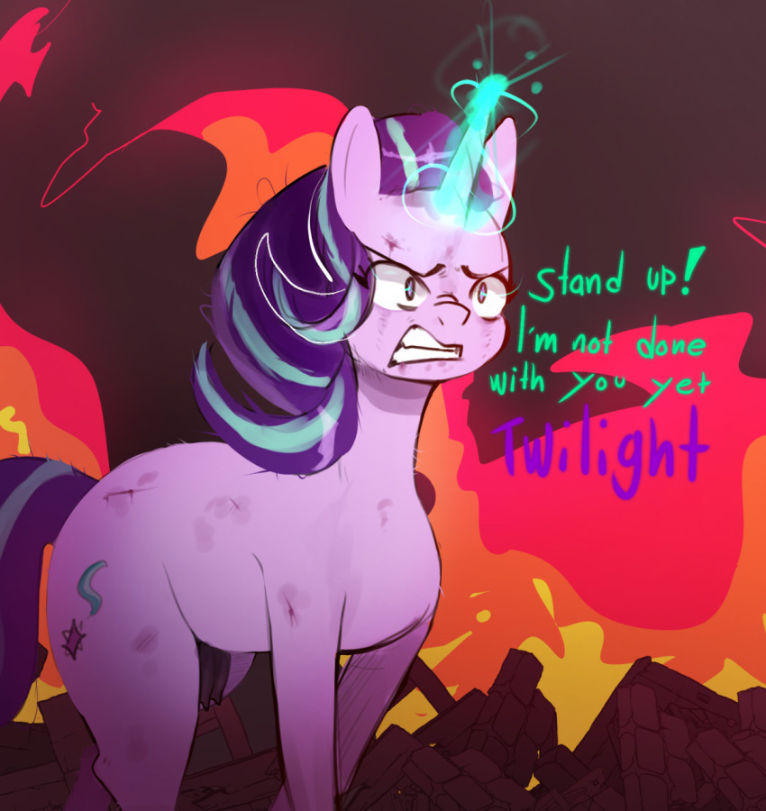 2022 angry blue_body blue_eyes blue_fur blue_hair blue_tail breasts clenched_teeth cutie_mark english_text equid equine eyelashes female feral fire friendship_is_magic fur green_tail hair hasbro hi_res horn magic mammal multicolored_hair my_little_pony nipples open_mouth purple_body purple_fur purple_hair raljoy solo starlight_glimmer_(mlp) teeth text two_tone_hair