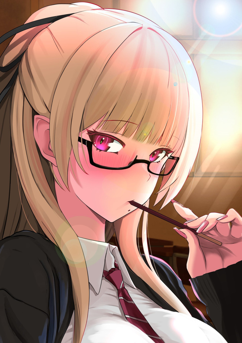 1girl azur_lane black-framed_eyewear black_jacket black_ribbon blonde_hair blush breasts collared_shirt food hair_ribbon highres jacket large_breasts mole mole_under_mouth necktie p.i.t.d pink_eyes pink_nails pocky red_necktie ribbon school_uniform semi-rimless_eyewear shirt swiftsure_(azur_lane) white_shirt