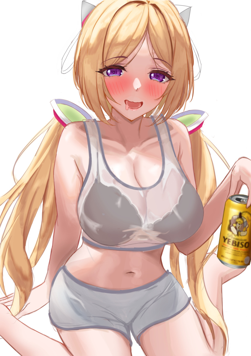 1girl absurdres aki_rosenthal beer_can black_bra blonde_hair blush bra breasts can cleavage detached_hair hair_ornament haro_art highres hololive large_breasts navel purple_eyes saliva see-through simple_background sitting solo twintails underwear virtual_youtuber wariza