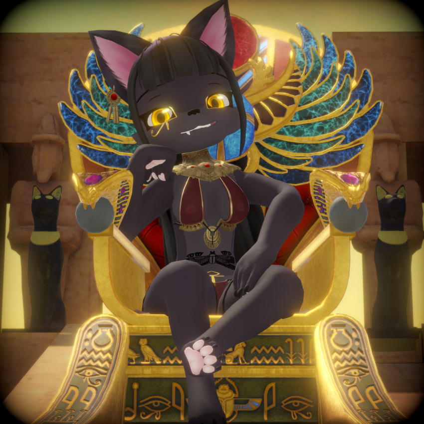 anthro bast black_hair chair clothing deity ear_piercing ear_ring egyptian egyptian_mythology felid feline female fur furniture gold_(metal) gold_jewelry hair hi_res jewelry mammal maxkore middle_eastern_mythology mythology outside paws piercing purple_body purple_fur ring_piercing sitting smile smirk solo tattoo throne translucent translucent_clothing vrchat yellow_eyes