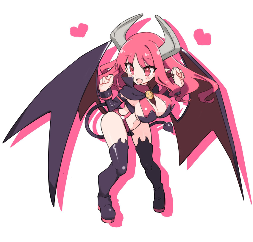 1girl 4410_(kanimiso) boots breasts capelet copyright_request demon_girl demon_tail demon_wings detached_sleeves disgaea heart high_heel_boots high_heels highres horns large_breasts long_hair pink_eyes pink_hair succubus_(disgaea) tail thigh_boots white_background wings