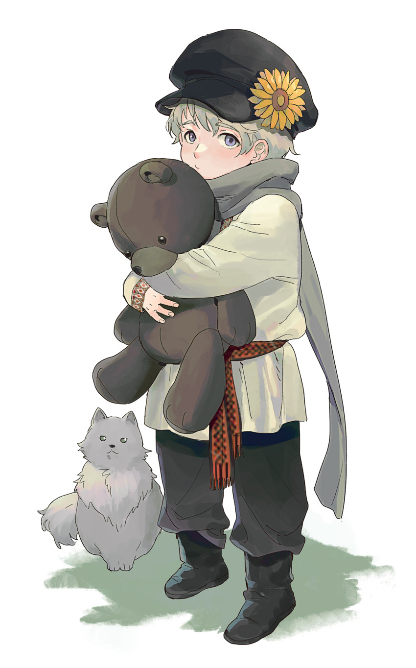 1boy aged_down animal axis_powers_hetalia bangs black_footwear black_headwear black_pants boots cat child closed_mouth flower full_body grey_scarf hat hat_flower highres holding long_sleeves looking_at_viewer male_child male_focus object_hug pants purple_eyes russia_(hetalia) sash scarf simple_background standing stuffed_animal stuffed_toy sunflower teddy_bear uka402 white_background